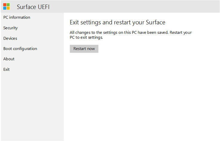 Exit Surface UEFI and restart the device