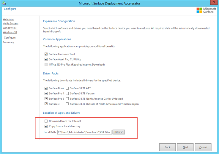 Specify a local source for Surface driver and app files