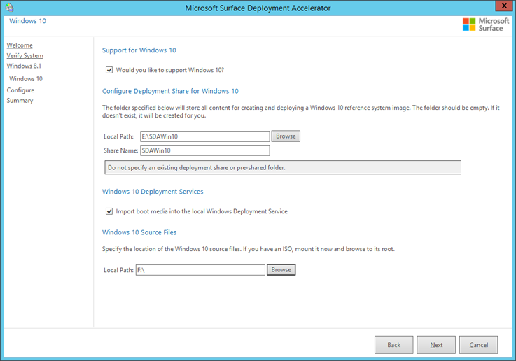 Specify Windows 10 deployment share options