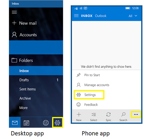 settings icon in mail app