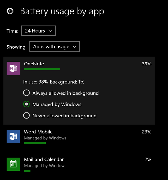 Battery usage by app on mobile