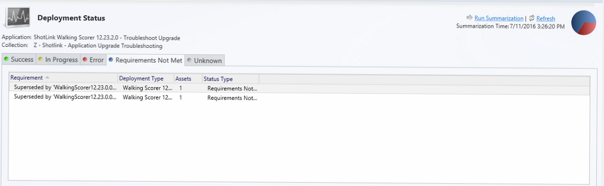 Monitoring view in Configuration Manager for the old version of the app