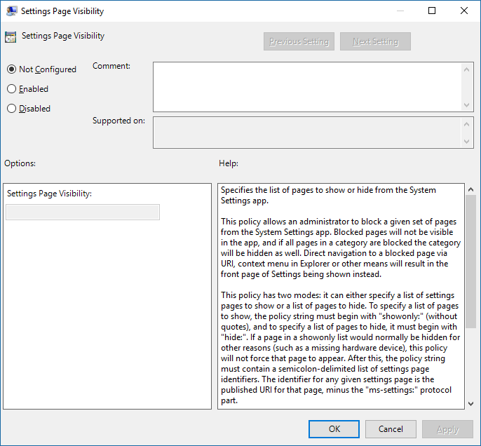 Settings page visibility policy