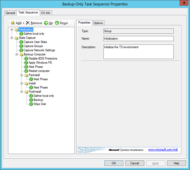 The Backup Only Task Sequence action list