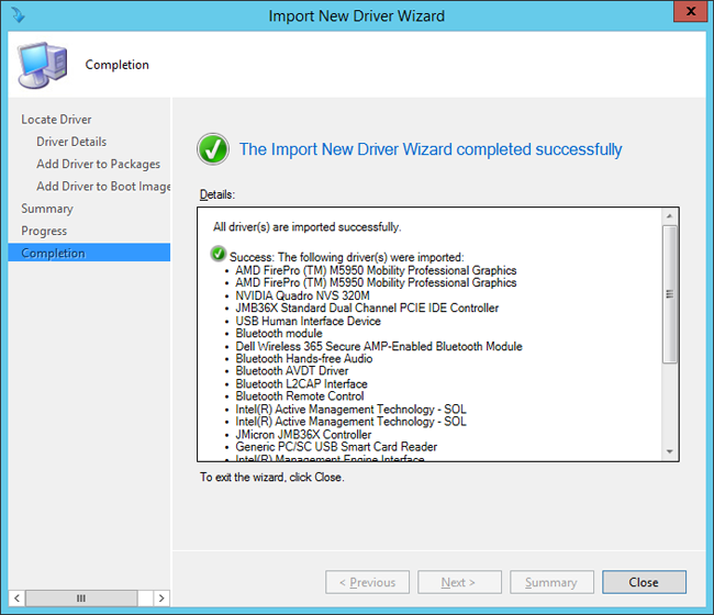 Drivers imported and a new driver package created