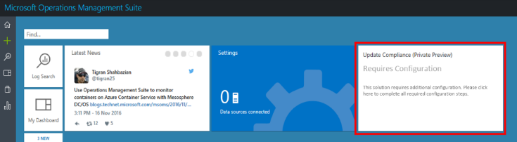 OMS workspace with new Update Compliance tile on the right side highlighted