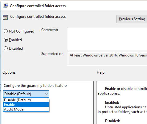 Screenshot of group policy option with Enabled and then Enable selected in the drop down
