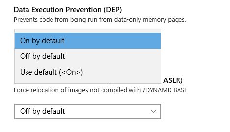 Screenshot showing the drop down menu for DEP which shows the default for DEP as On