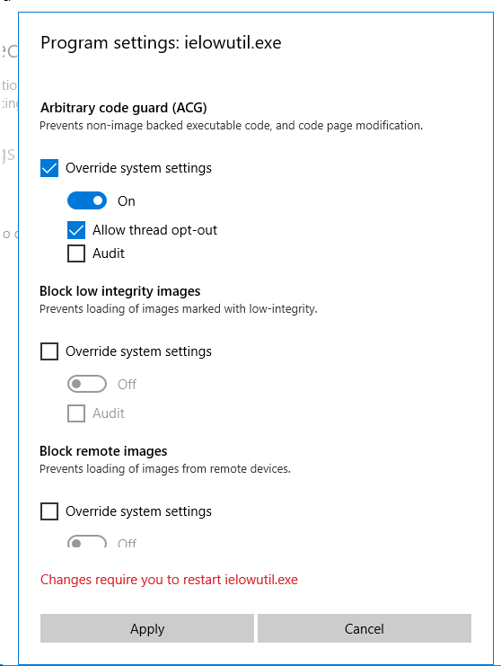 Screenshot showing some of the options available for an added program