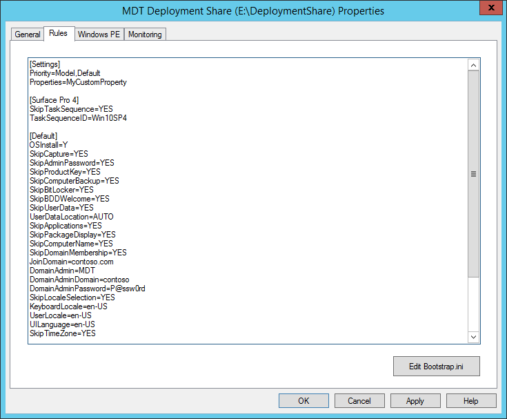 Deployment share rules configured for automation of the Windows Deployment Wizard