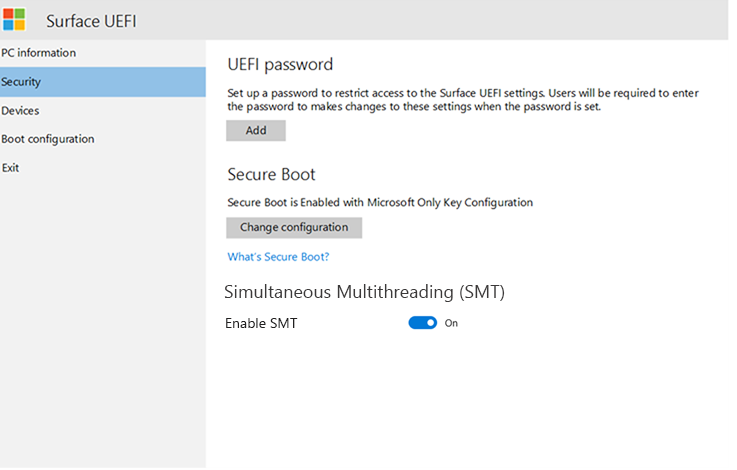 Configure Surface UEFI security settings