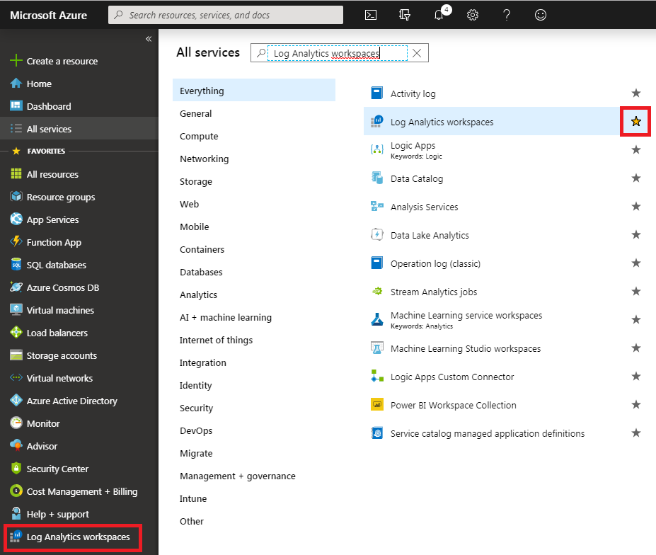 Azure portal all services page with Log Analytics found and selected as favorite