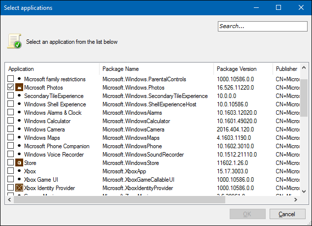 Create Packaged app Rules wizard, showing the Select applications page