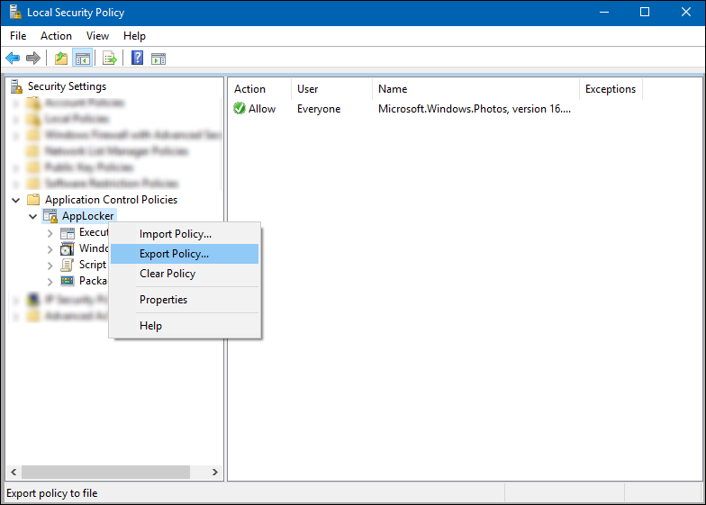 Local security snap-in, showing the Export Policy option