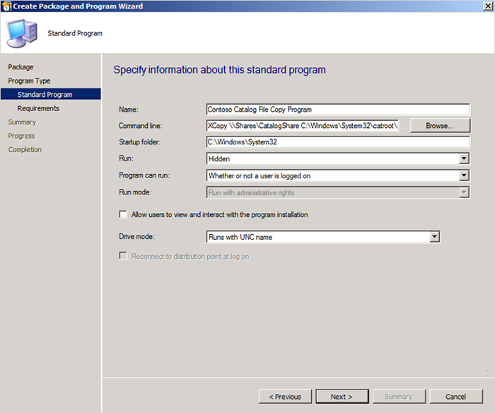 Standard Program page of wizard