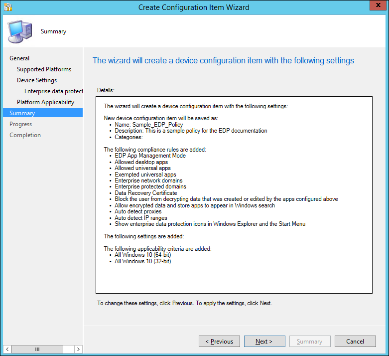 Create Configuration Item wizard, Summary screen for all of your policy choices