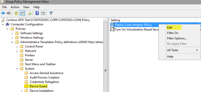 Edit the group policy for code integrity