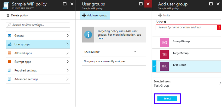 Microsoft Azure Intune: Pick your user groups that should get the policy when it's deployed