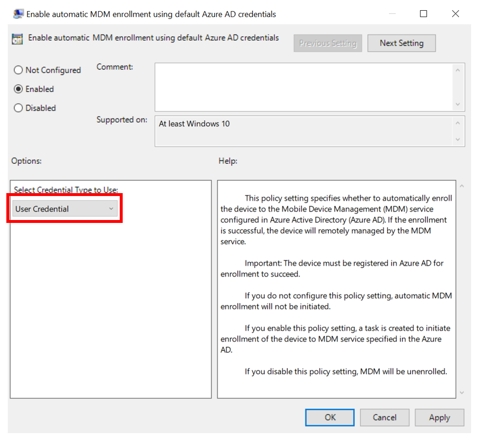MDM autoenrollment policy