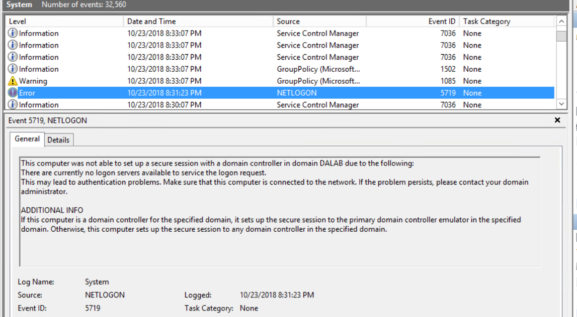Screenshot of error for NETLOGON in Event Viewer