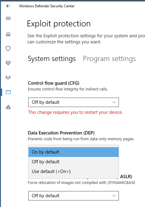 Screenshot showing the DEP drop down menu where you can select On, Off, or Default