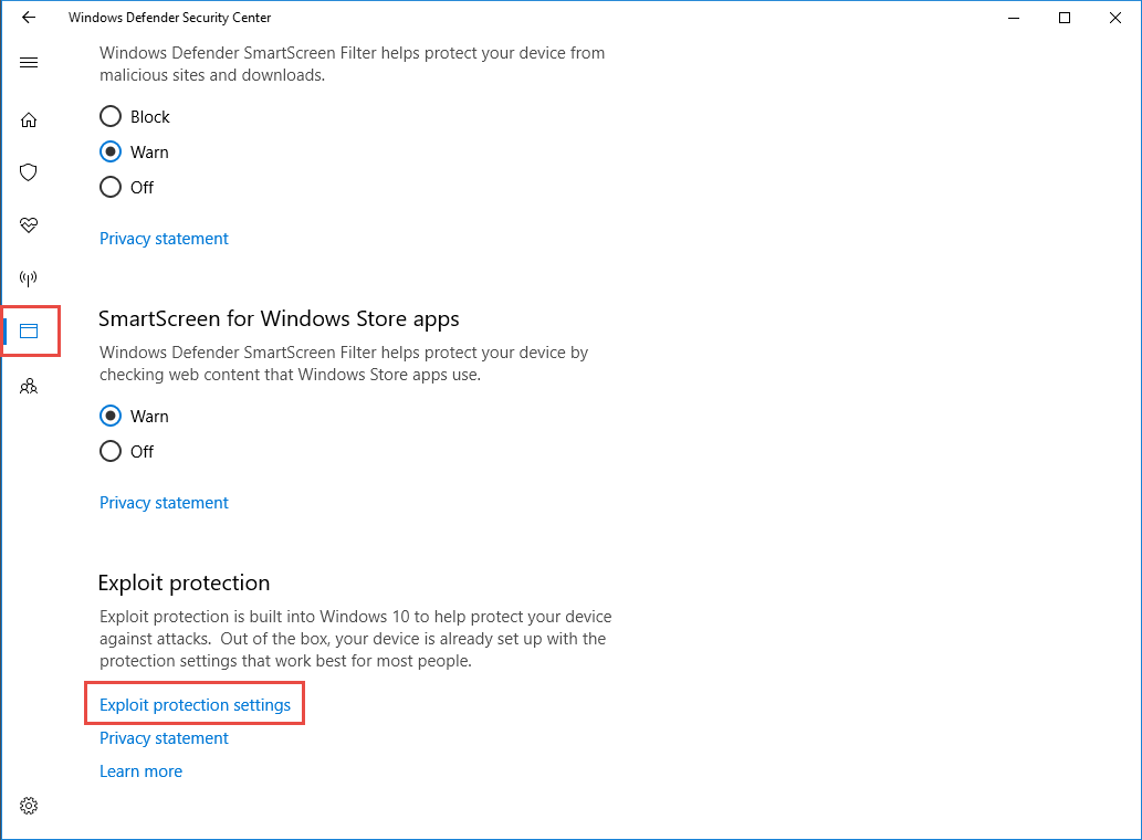 Highlight of the Exploit protection settings option in the Windows Defender Security Center app