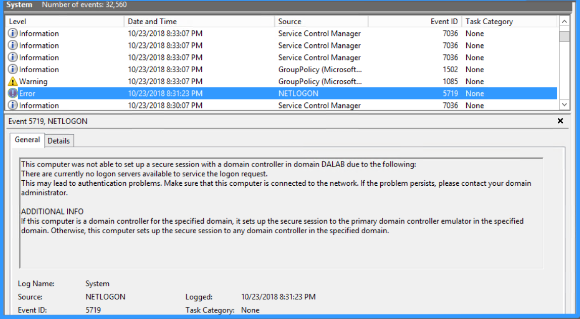 Screenshot of error for NETLOGON in Event Viewer