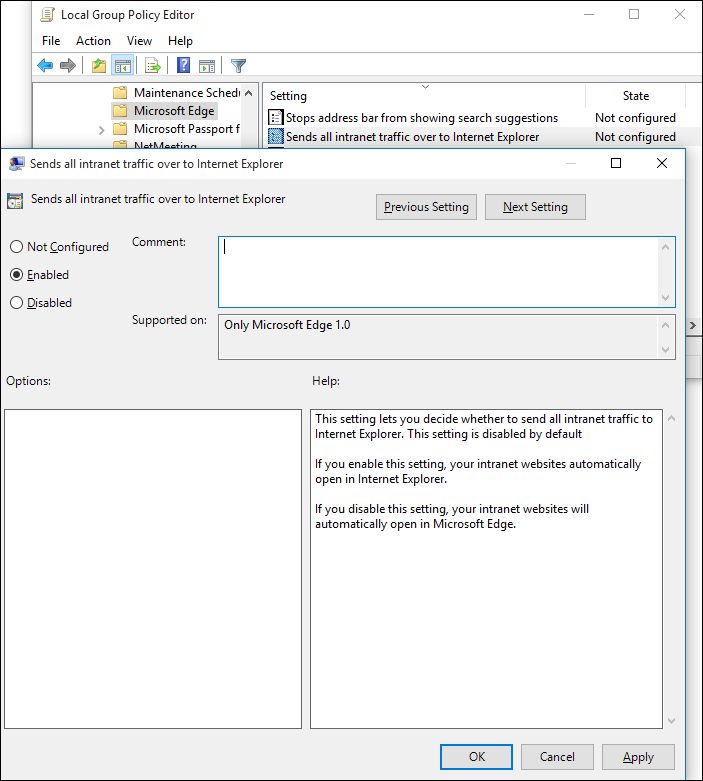 Local Group Policy Editor with setting to send all intranet traffic to IE11