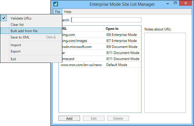 Enterprise Mode Site List Manager with Bulk add from file option