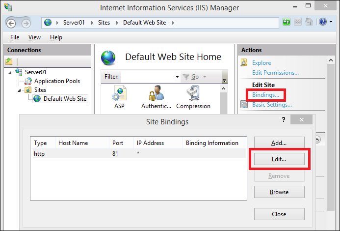 IIS Manager, editing website bindings