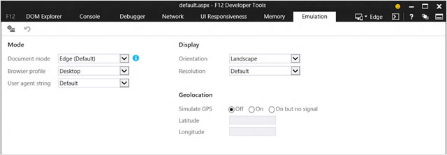 F12 Developer Tools Emulation tab