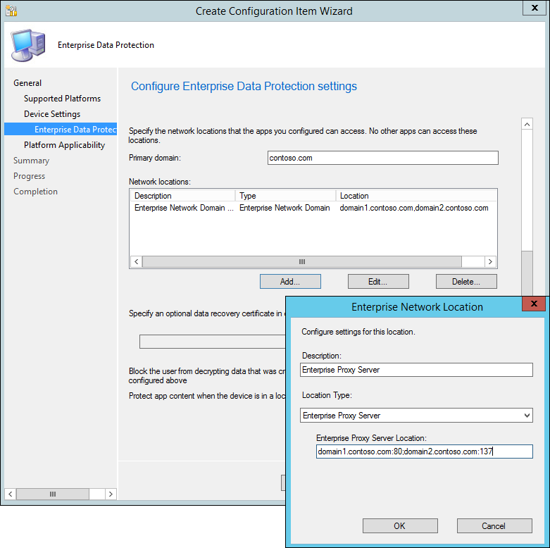 Create Configuration Item wizard, specify the network locations that can be accessed by the protected apps