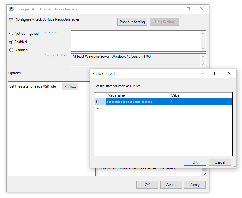 Group policy setting showing a blank attack surface reduction rule ID and value of 1