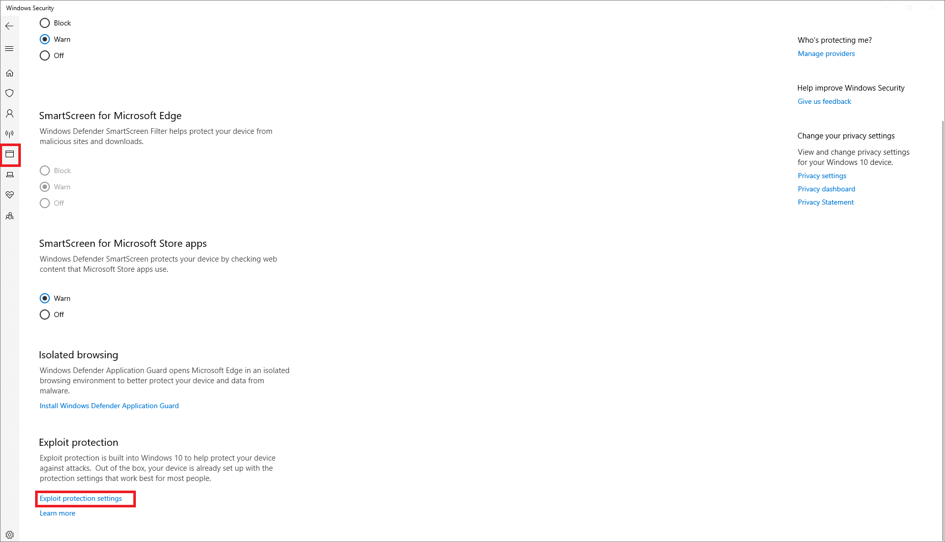 Highlight of the Exploit protection settings option in the Windows Security app