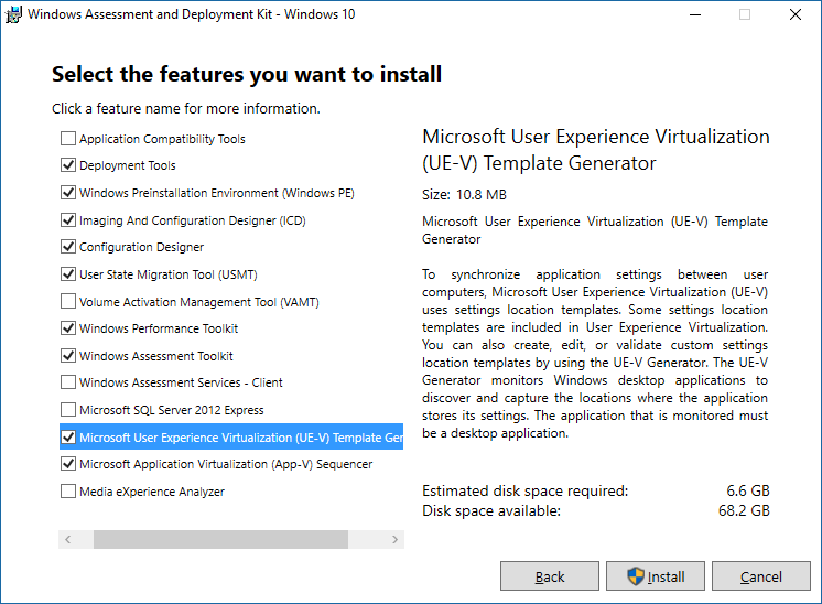 Selecting UE-V features in ADK
