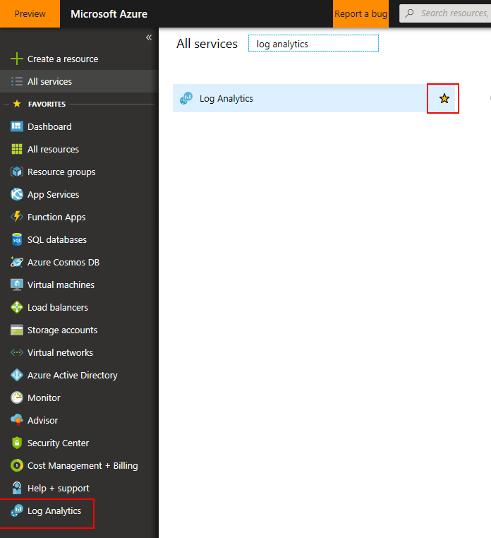 Azure portal all services page with Log Analytics found and selected as favorite