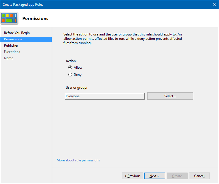 Create Packaged app Rules wizard, showing the Before You Begin page