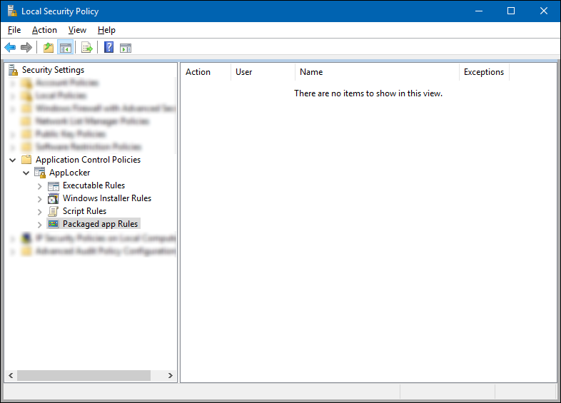 Local security snap-in, showing the Packaged app Rules