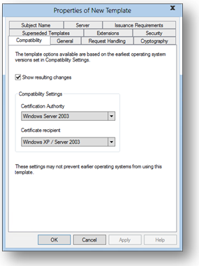 Compatibility tab, certification authority setting