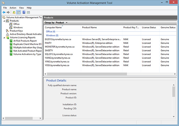 VAMT showing the licensing status of multiple computers