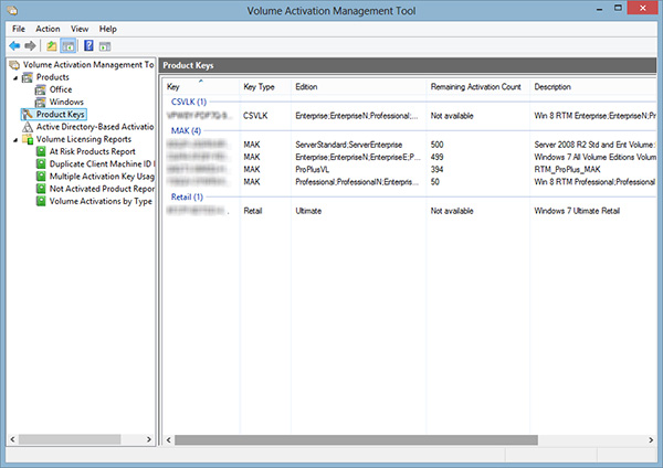 VAMT showing key types and usage