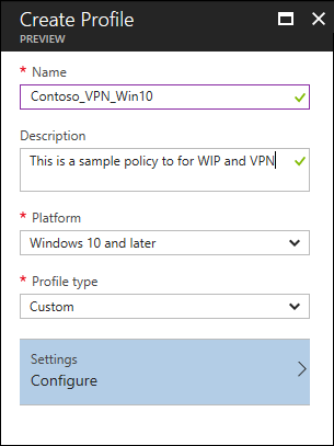 Microsoft Intune, Create a new policy using the Create Profile blade