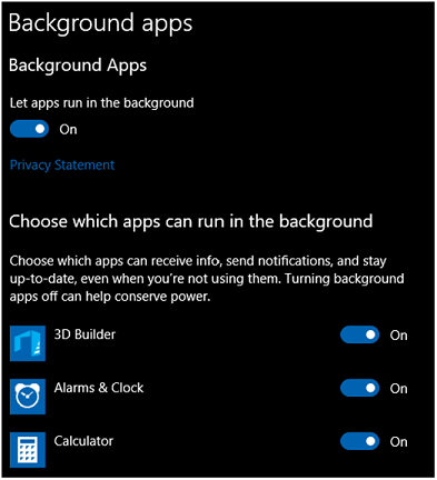 Background apps settings page
