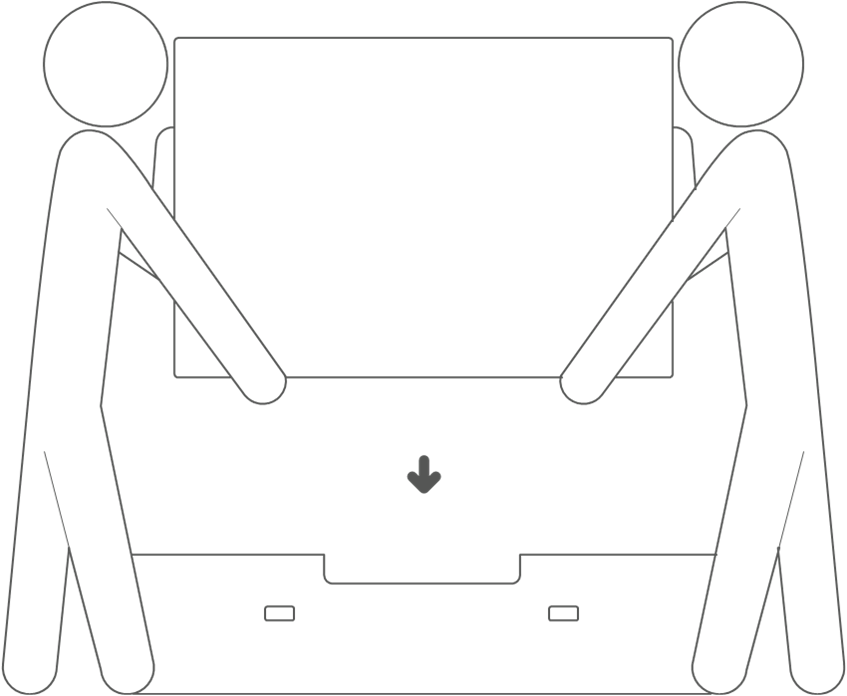 Remove any base or mounting hardware. Using two people, place the unit in the base of the shipping container.