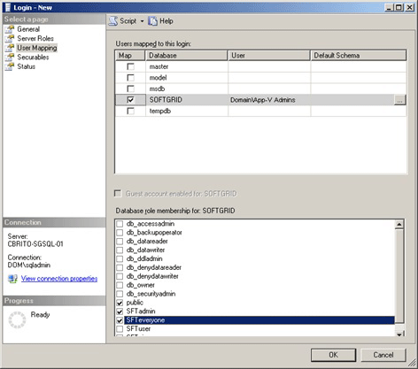 app-v 4.6 sql script set permissions and roles