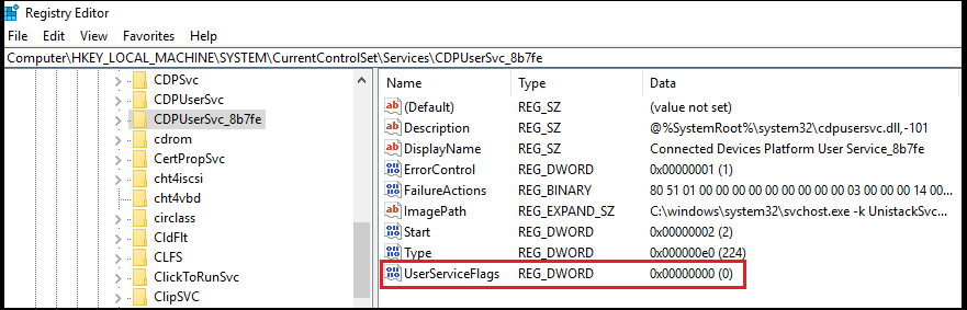 UserServiceFlags registry entry