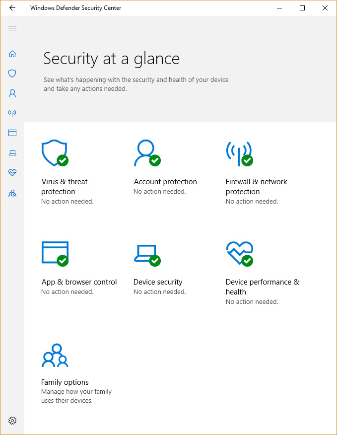 Screenshot of the Windows Security app showing that the device is protected and five icons for each of the features.