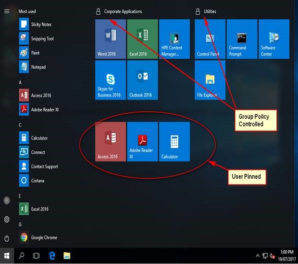 Example of Start screen with customizations applied