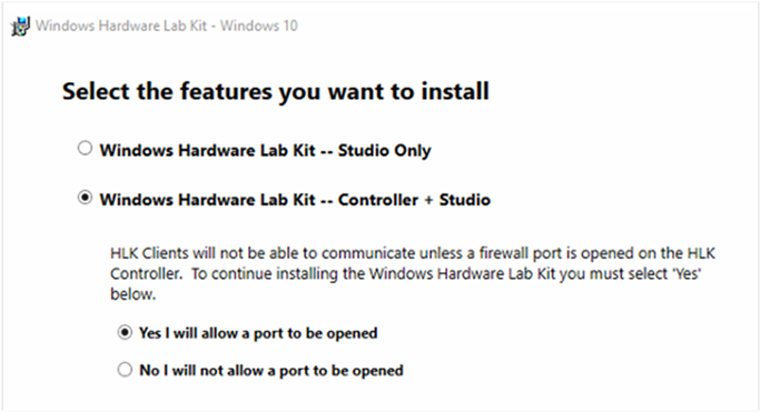 Select features page of the Windows Hardware Lab Kit installation wizard.