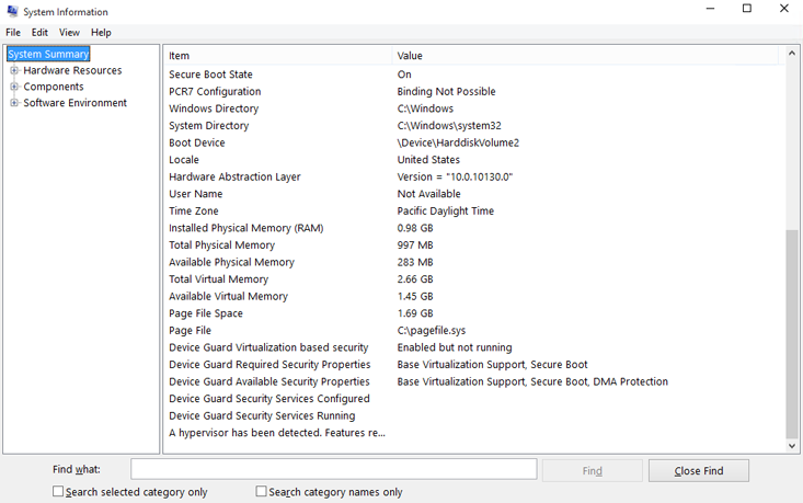 Device Guard properties in the System Summary